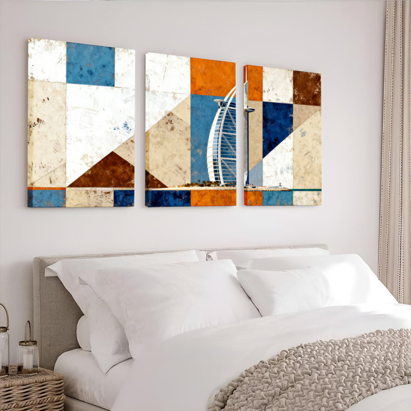 Abstract Geometric Cityscape Canvas Wrapped Wall Art, Oil Painting Print (Set of 3), 18" H x 36" W
