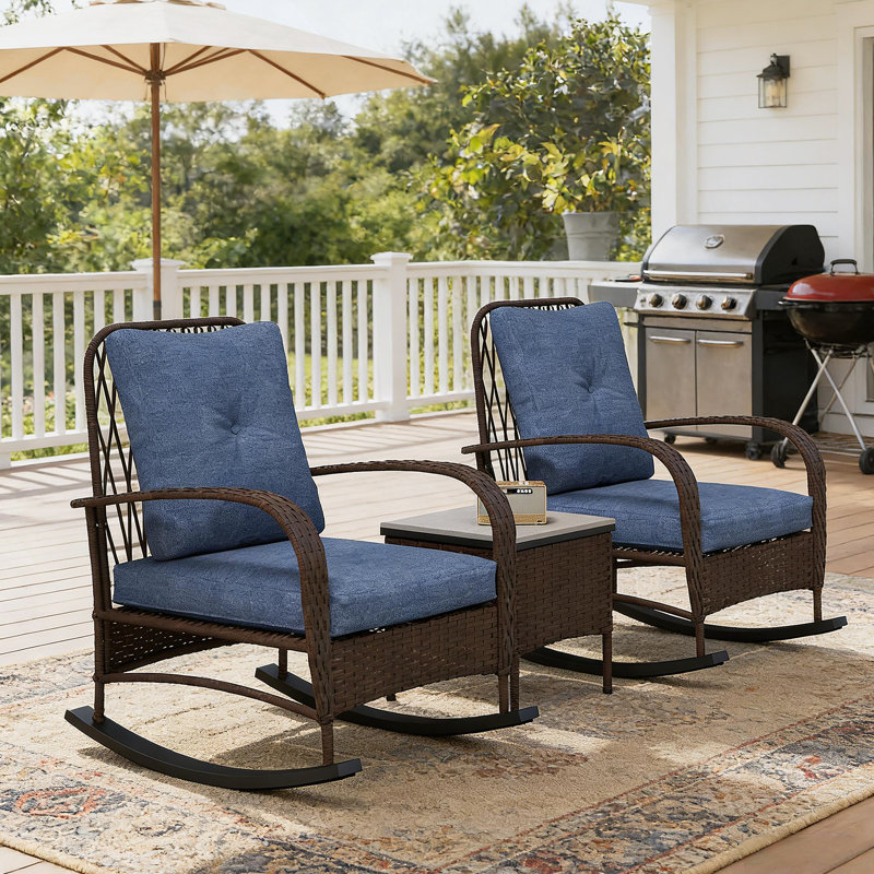 Ensemble bistro 3 pièces pour patio en osier, Coussin bleu foncé / cadre brun