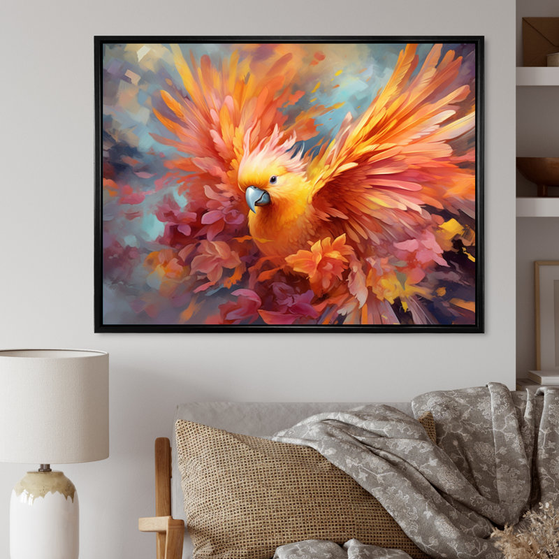 «Tropical Parrot I», art mural sur toile, Cadre flottant noir, 34" H x 44" W