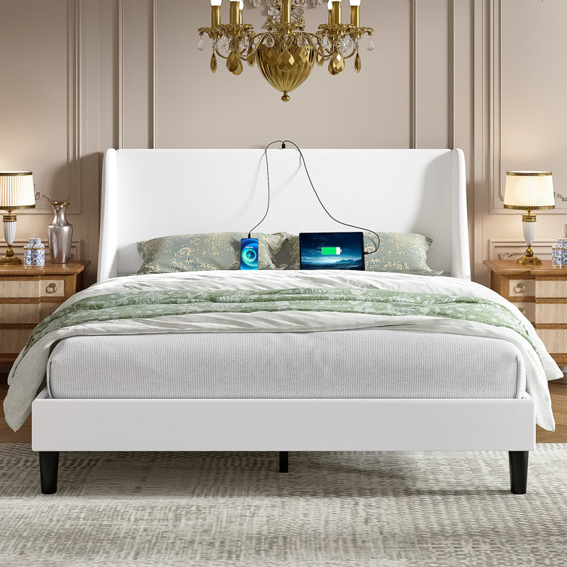 Structure de lit double en lin avec tête de lit à oreilles, lit plateforme double à oreilles avec support à lattes en bois, ports USB, aucun sommier nécessaire, sans bruit
