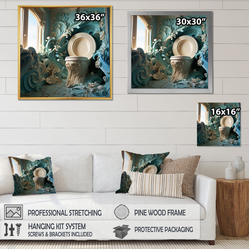 Oceanic Escape Fluid Toilet I - Bath & Laundry Canvas Prints, H 16 po x l 16 po x P 1 po, Cadre naturel flottant