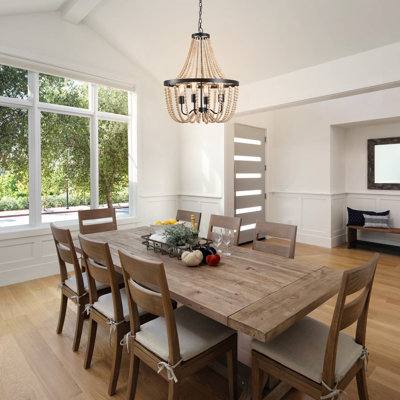4-Light Boho Wood Beaded Chandelier Dimmable Boho Light Fixture for Dining Room, Bedroom, Foyer