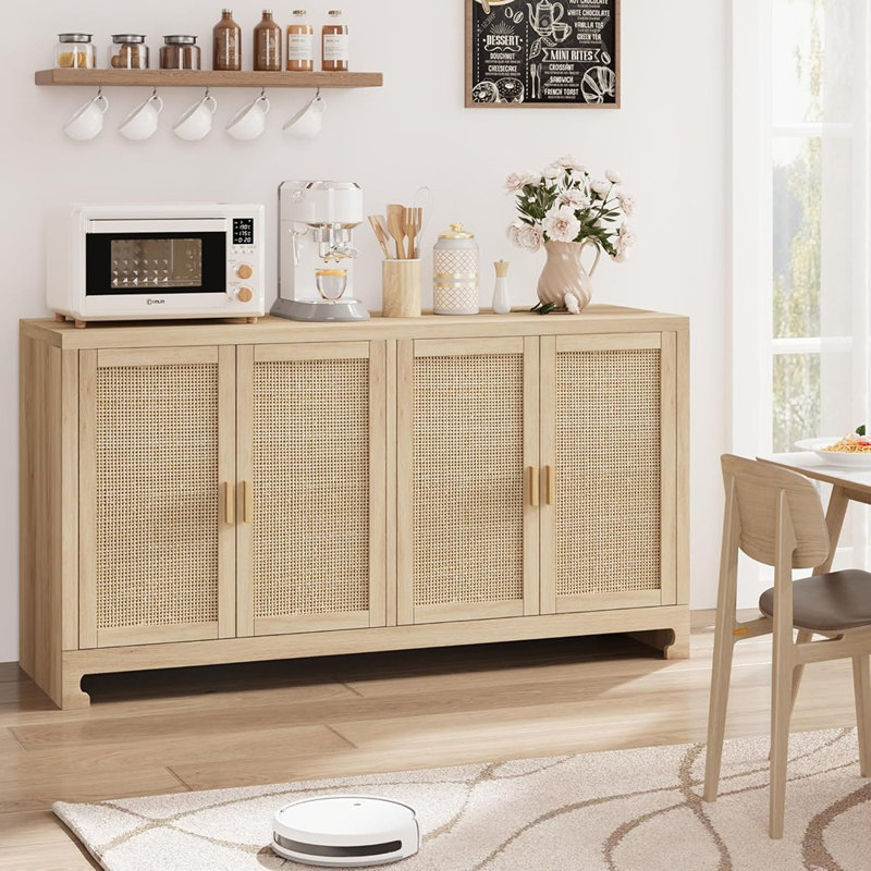 Buffet Farmhouse Rattan, buffet de rangement tissé à 4 portes, chêne brun