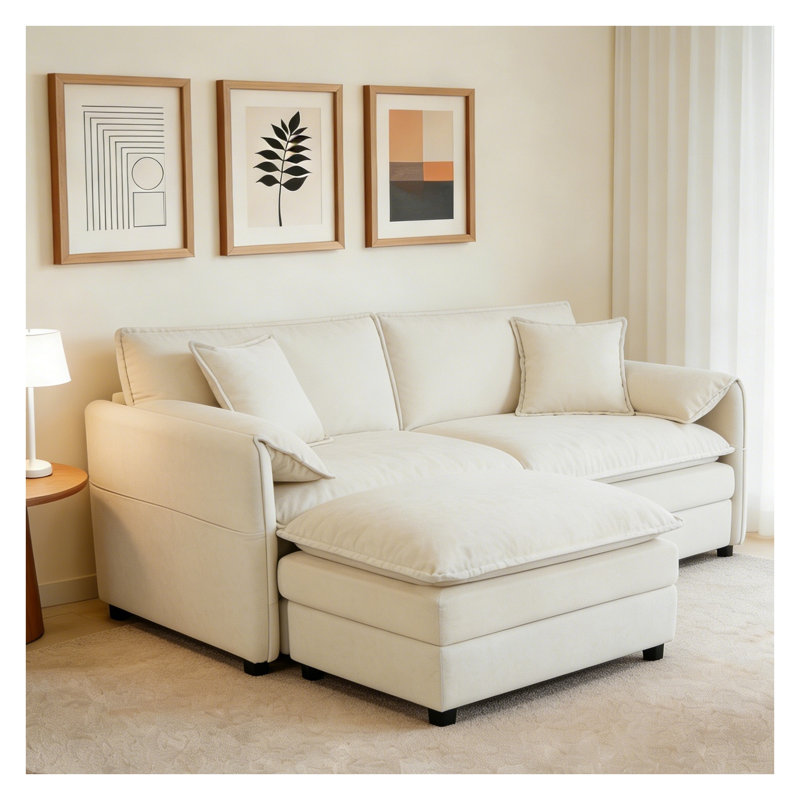 Canapé modulaire en chenille beige avec repose-pieds et canapé-lit modulaire en L pour salon et appartement, Beige