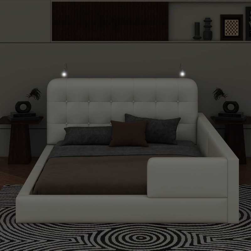 Grand lit plateforme tapissier avec lumières de lecture, Blanc