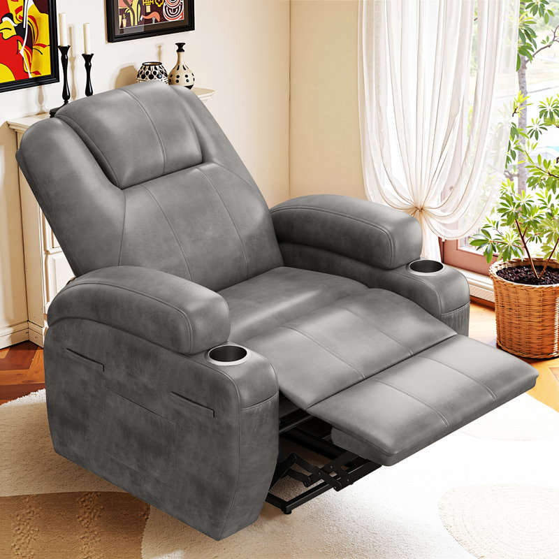 Electric Reclining Chair Sofa With Massage Function, Suitable For The Elderly, 3 Adjustable Positions, 2 Side Pockets And Cup Holders, Tech Fabric Like Leather