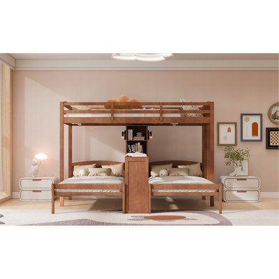 Lit superposé simple au-dessus de simple et simple avec bureau intégré et tablettes de rangement, lampe de lecture, 3 lits en 1, naturel