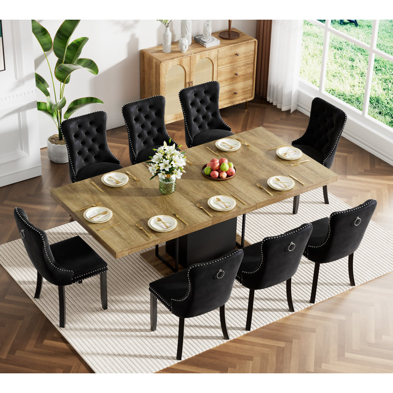 62.99" -78.74" Extendable Dining Table Set, Brown&Black Dining Room Table & Velvet Dining Chairs with Wood Leg, Rustic Kitchen Dining Table and Chairs Set, Modern Dining Table Set
