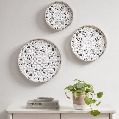 Ensemble de 3 médaillons décoratifs en bois vieilli - bois, naturel et blanc, 13,75 po, 11,75 po, 9,75 po, intérieur, d'inspiration rétro, trio de médaillons en dents de scie
