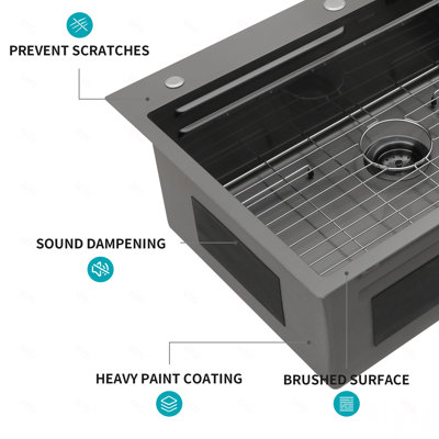 Évier de cuisine en acier inoxydable à chute d'eau de style Gunmetal - éviers de cuisine à rebord à cuve simple en acier inoxydable de calibre 16 de 33 po x 22 po x 10 po avec robinet rétractable et laveuse à gobelets