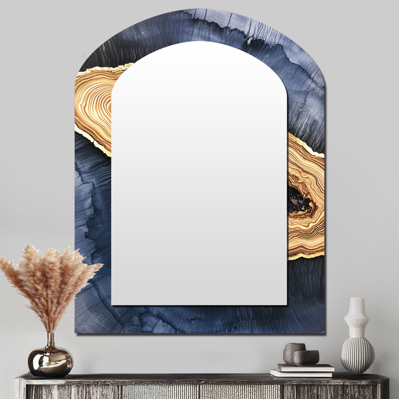 Aqua Crystal And Wood Slide Spiral III - Crystals Arch Wall Mirror, Traditional Asymmetrical Decorative Mirror, Printed Metal Art