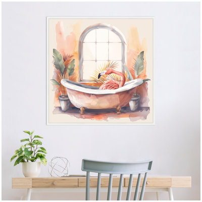 «Flamingo Bath Pastel Tropical Bathroom Watercolor» par The Creative Bunch Studio, reproduction d'art sur toile encadrée