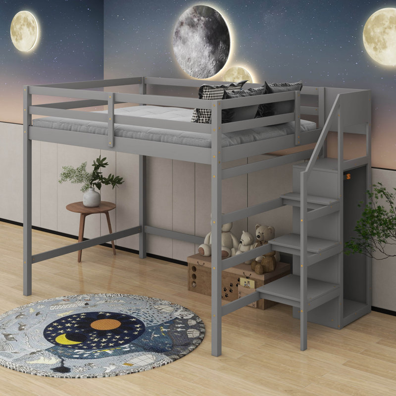 Lit mezzanine double avec garde-robe de rangement, Gris