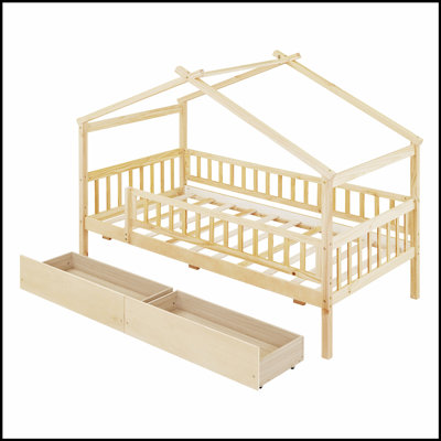 Imaginative Wooden House Bed with Two Drawers, Perfect for Kids' Rooms and Space-Saving Storage Solutions