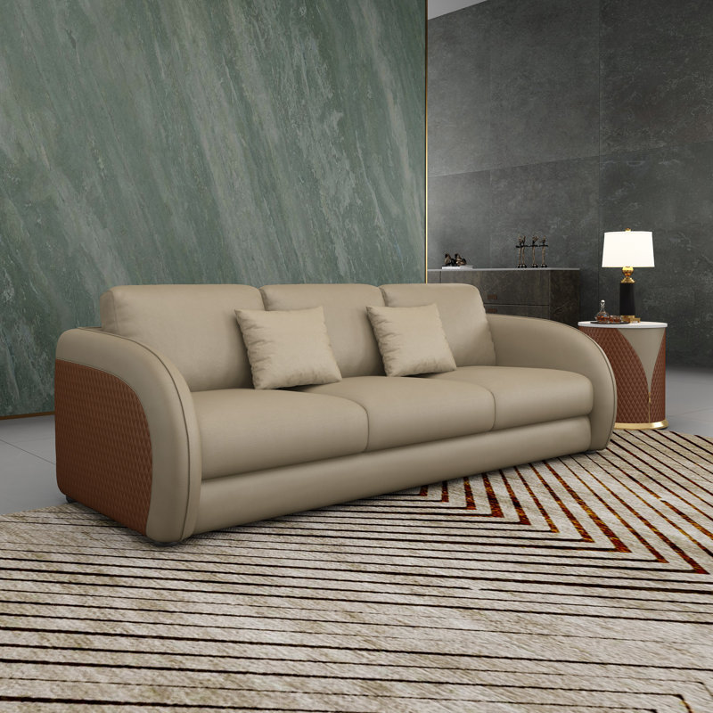 Canapé à accoudoirs arrondis en cuir véritable 90 po Noir, Cuir véritable beige / brun