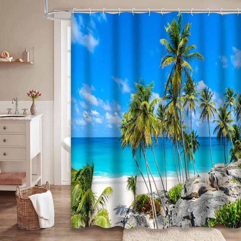 Paradise Beach Island, côte tropicale, palmiers suspendus, mer turquoise et 12 crochets, L 72 po x l 78 po