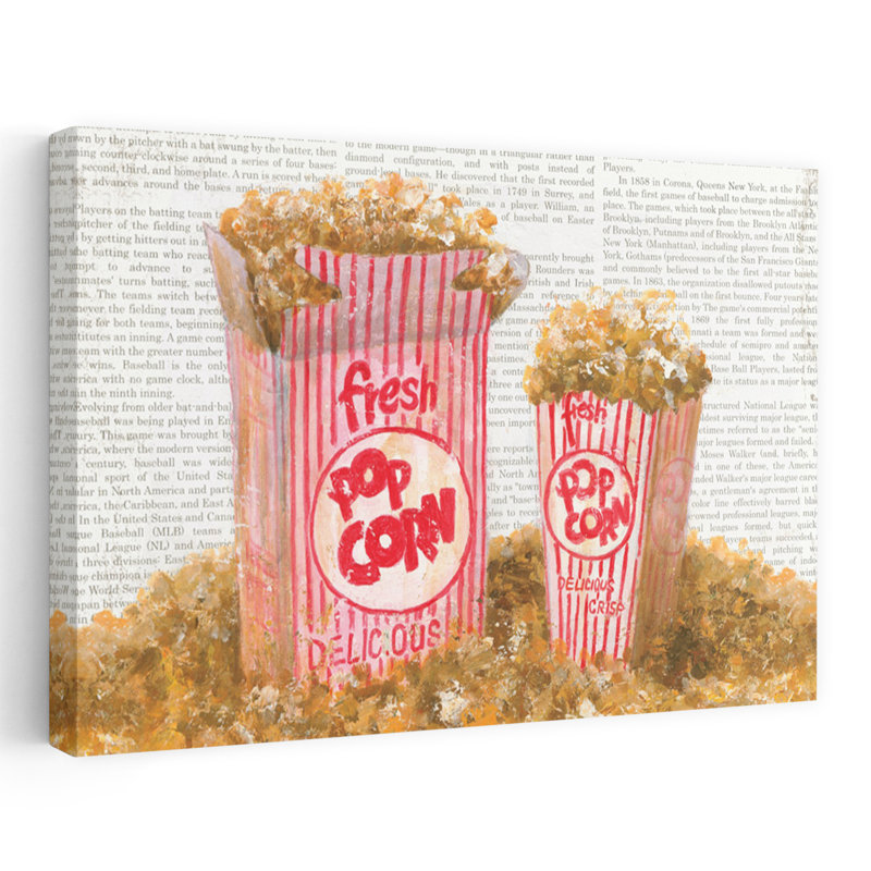Popcorn et baseball, art contemporain, H 16 po x l 24 po