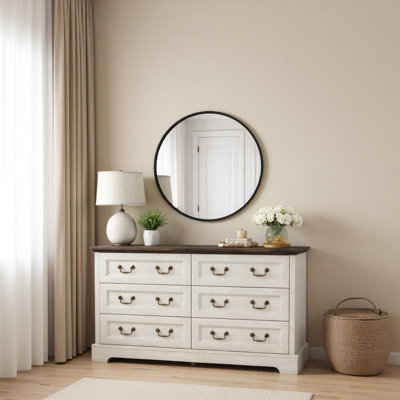 Commode 6 tiroirs Farmhouse, commode en bois rustique avec poignées en métal, large meuble télé avec commode pour la chambre à coucher, le salon, le couloir, la salle à manger
