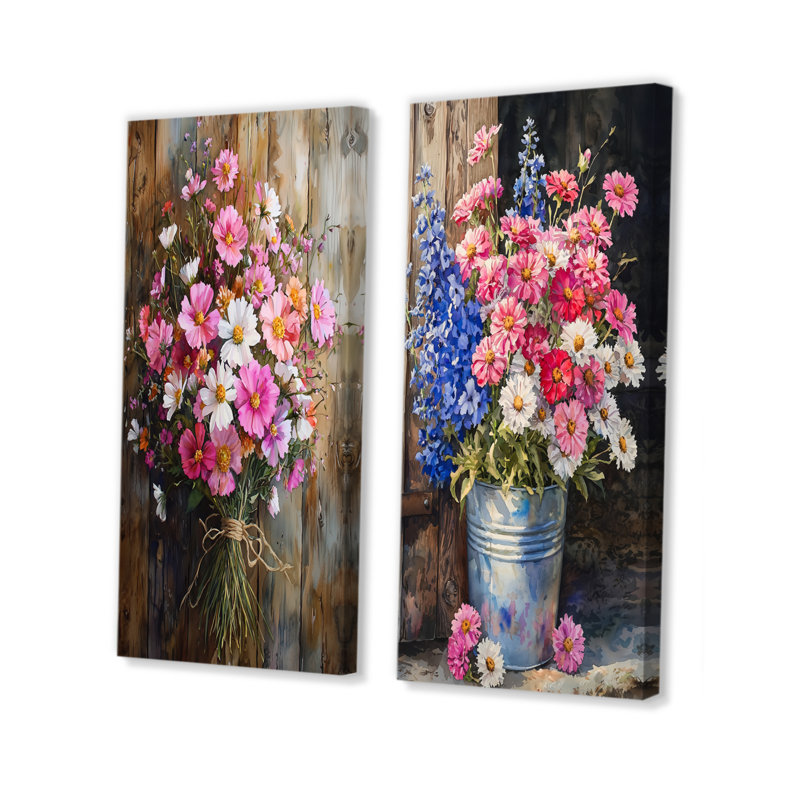 Décoration de jardin sauvage charme de bouquets assortis I - Collection murale 2 panneaux floraux, H 28 po x l 25 po
