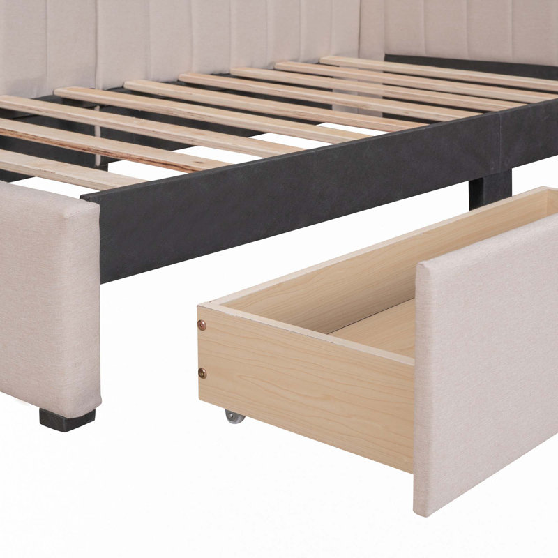 Upholstered Daybed with 2 Storage Drawers Twin Size Sofa Bed Frame No Box Spring Needed, Linen Fabric, Beige