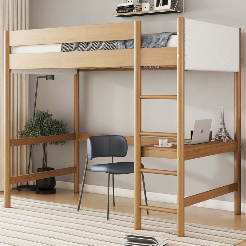 Lit mezzanine simple naturel avec bureau, tête et pied de lit rembourrés Boucle, échelle et garde-corps de sécurité