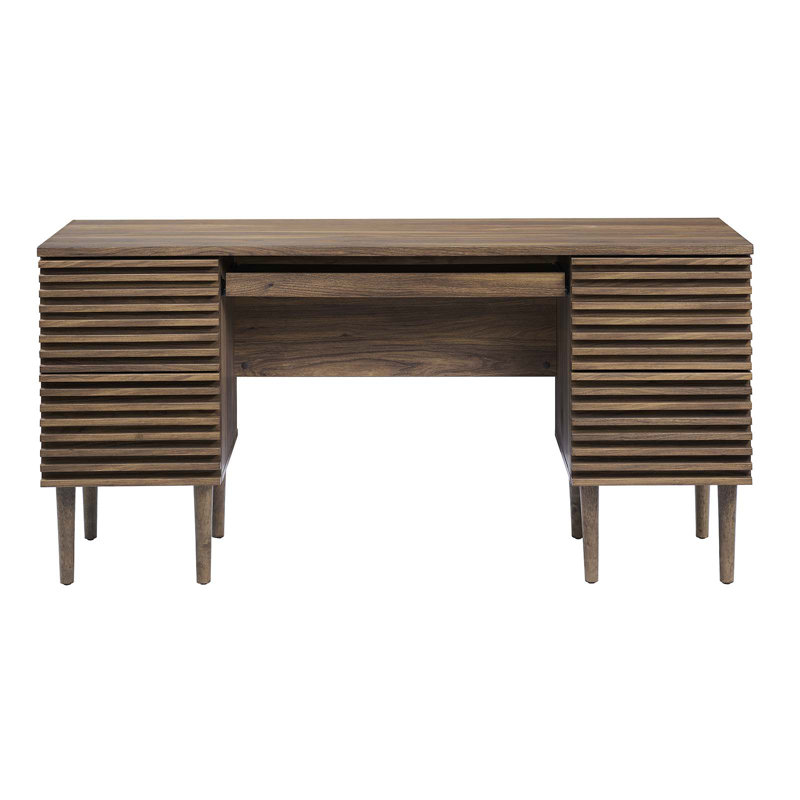 Walnut Mid-Century Modern Office Desk with Drawers and Keyboard Tray