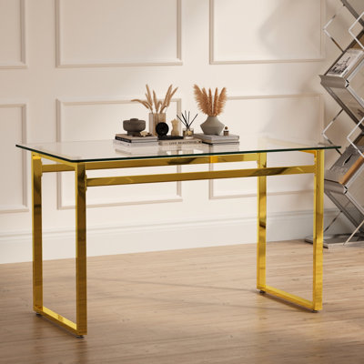 Table de salle à manger 4-6 places en verre trempé 51 ", avec pieds dorés, bureau élégant 51" pour 4 à 6 personnes, design contemporain