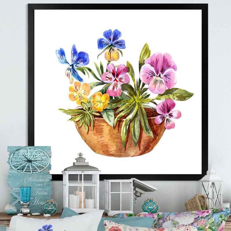 Mauve, rose et bleu, fleurs de violette - sur, Toile avec cadre noir, H 16 po x l 16 po x P 1 po