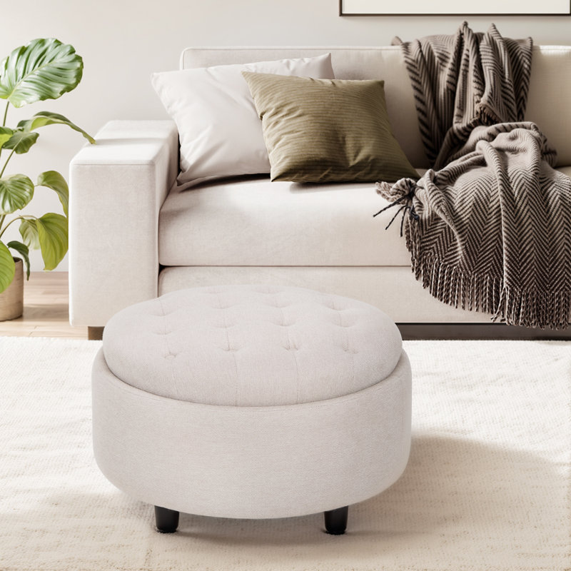 Pouf de rangement rond en tissu COLAMY avec couvercle plateau réversible pour table, Beige
