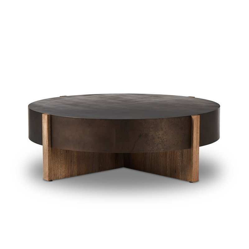 Large Round Distressed Iron and Oak Coffee Table with Storage