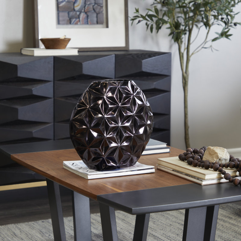 Aluminum Metal Faceted Geometric Decorative Vase, Black, 12.9" H x 13.85" W x 4.55" D