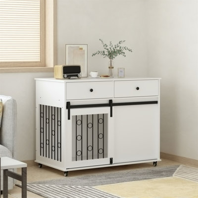 Wooden Dog Crate Dog Cage with Double Drawers and Sliding Barn Door
