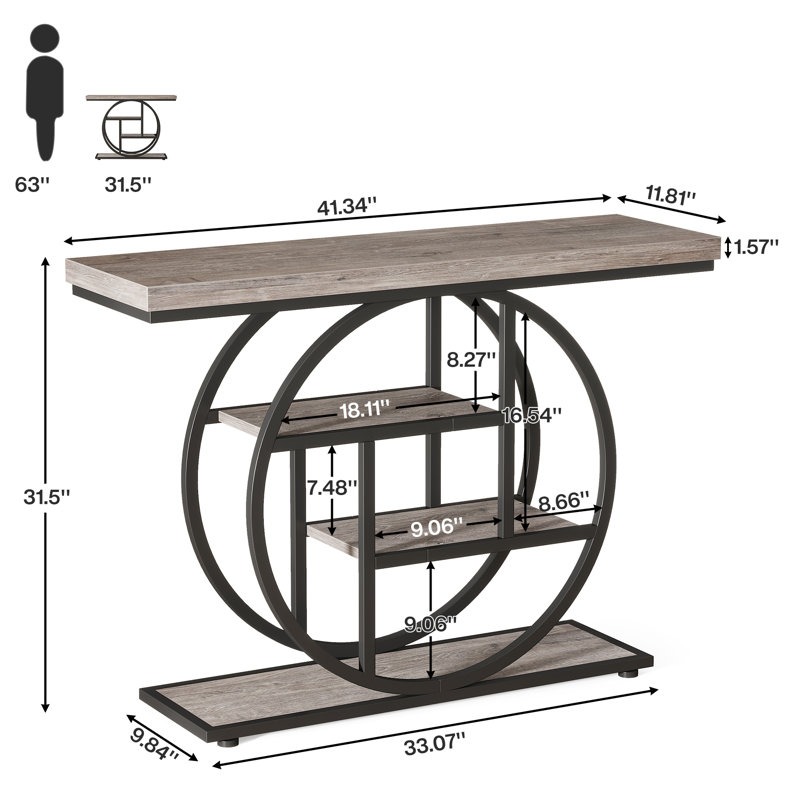 4-Tiered Storage Console Table 41.3" Sofa Table Entryway Table with Circle Base for Living Room, Gray