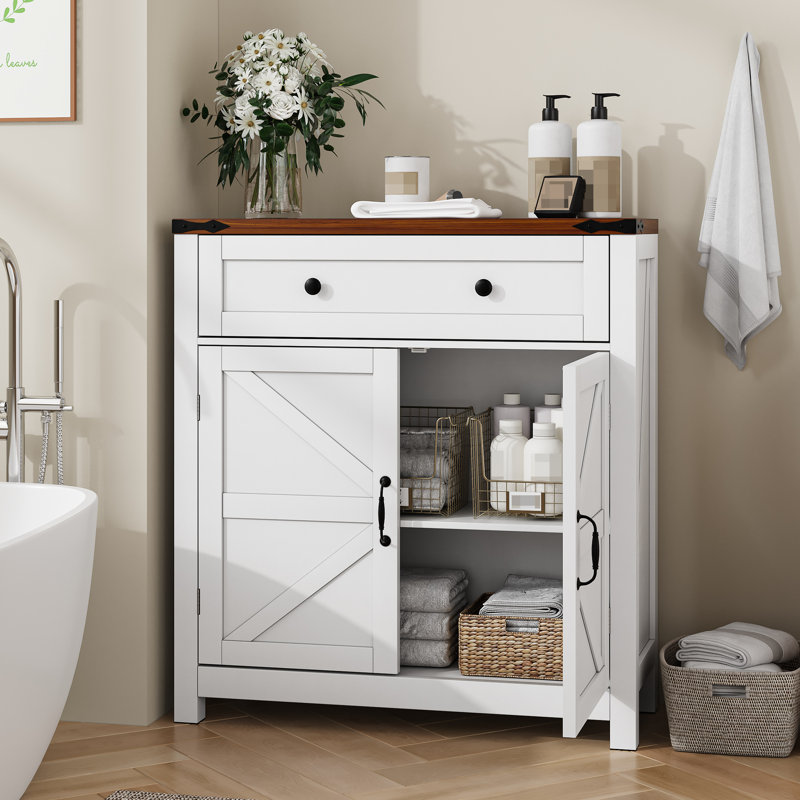 Hallway Storage Unit - Construction With Walnut Countertop And Spacious Drawer Casual Bathroom Cabinet Adjustable Shelf & 1 White Lacquer Finish