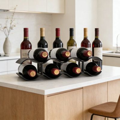 Support à vin sur comptoir à 2 niveaux en bois, porte-bouteilles autoportant à 7 bouteilles avec design ondulé pour un rangement sécuritaire dans la cuisine, le garde-manger ou le bar