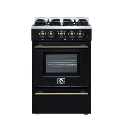 Cuisinière à gaz 24 pouces noire Breno, 4 brûleurs scellés, four à convection de 2,3 pieds cubes avec friteuse à air