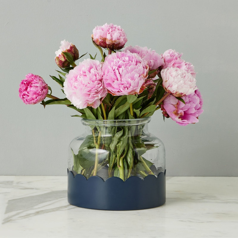 2-in-1 Scalloped Bloom Vase, White/Navy Blue