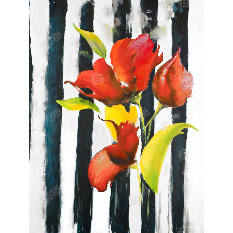 Fleurs sur rayures noires et blanches | Toile florale de bureau