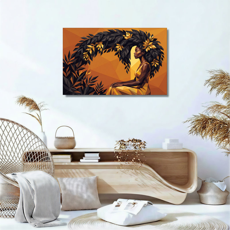 «Woman with Leaf Hair in Geometric Orange Style», art mural sur toile, 16"H x 24"W