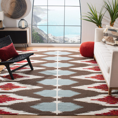 Rodgers Hand Woven Flat Weave Wool/Viscose/Cotton Geometric Rug in Ivory/Blue/Brown