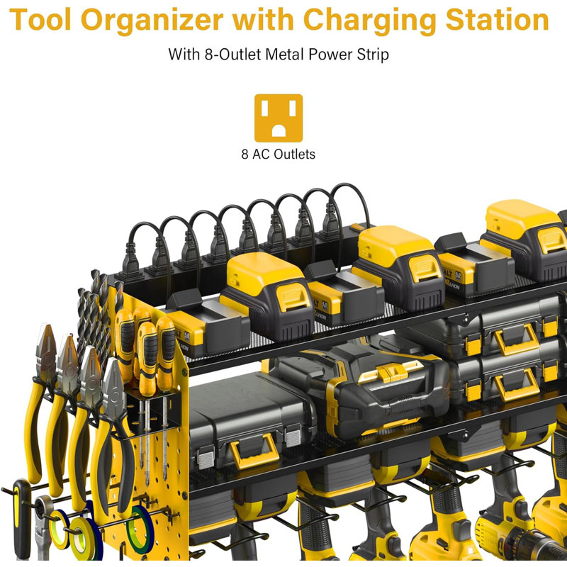 Pegboard Power Tool Organizer With Charging Station - Large Storage And 8 Outlet Power Strip