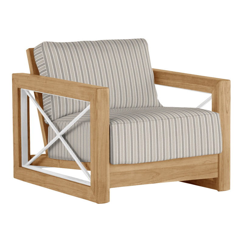 Malta Teak Outdoor Lounge Chair, No welt + Standard fill, Natural Teak, Perigold Piccadilly Stripe Ash