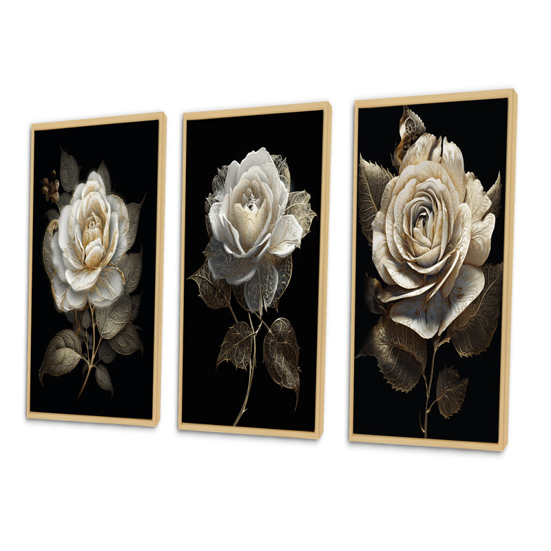 «Retro White Rose Portrait On Black», 3 pièces, Cadre naturel flottant, H 40 po x l 60 po