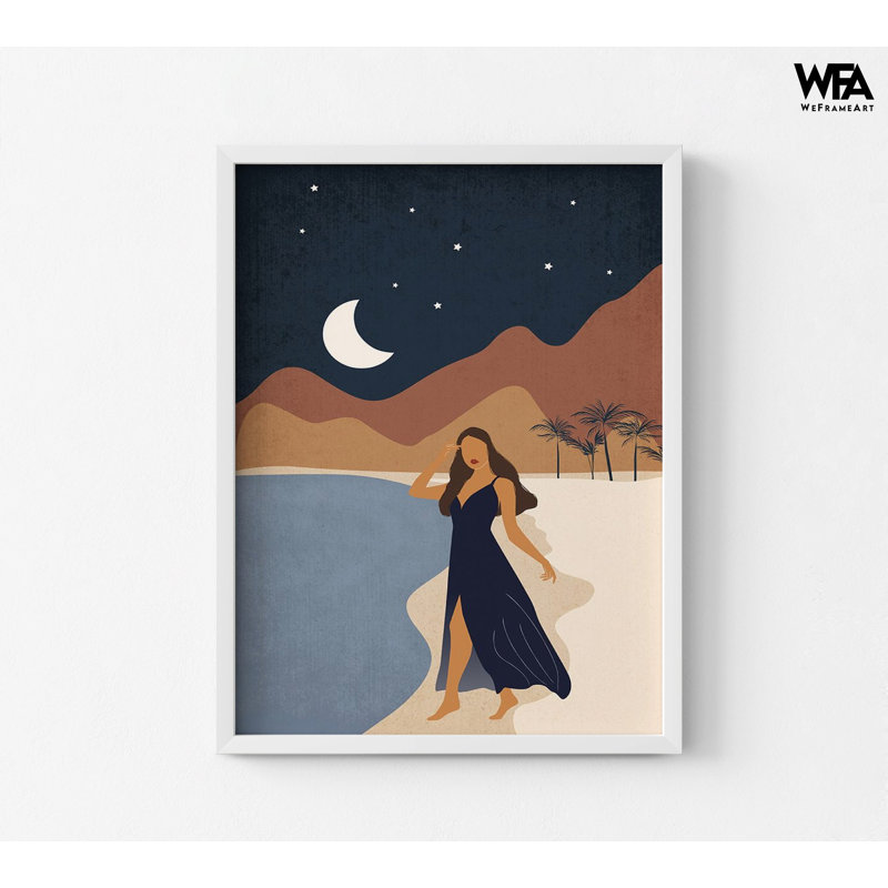 Illustration féminine, impression de l'affiche de la lune, plage, décoration de chambre à coucher bohémienne, Blanc