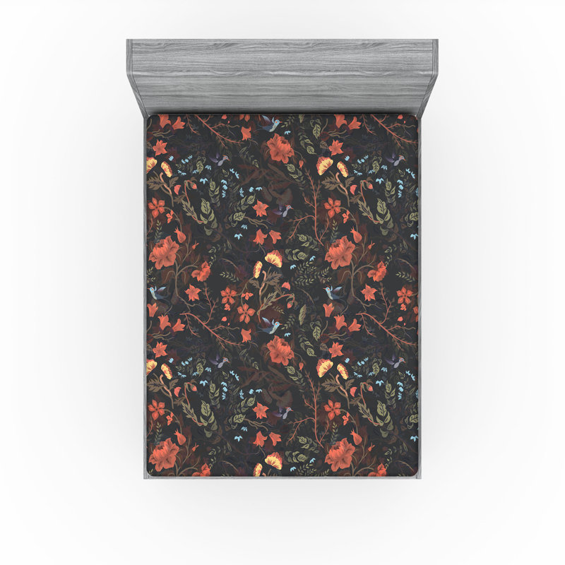 Drap-housse Ambesonne, Corail foncé, vert réséda / floral 1, Drap-housse très grand californien
