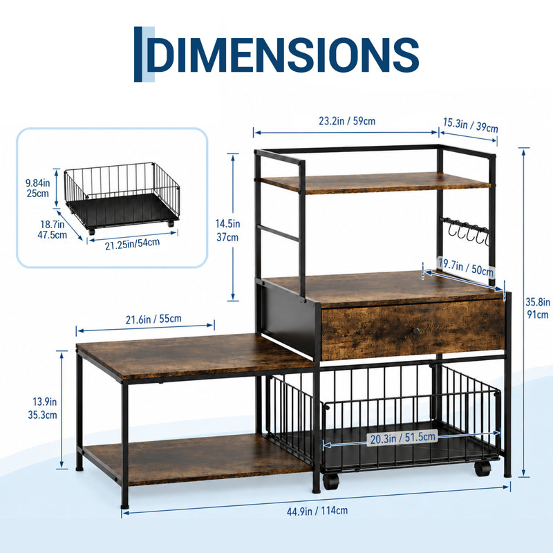 114 cm W Iron Shelving Unit, Black/Brown