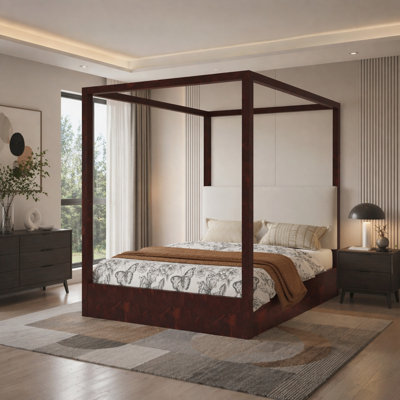 Grand lit plateforme à baldaquin avec tête de lit tapissier, lit à baldaquin en bois massif moderne avec support en lattes de bois, aucun sommier requis