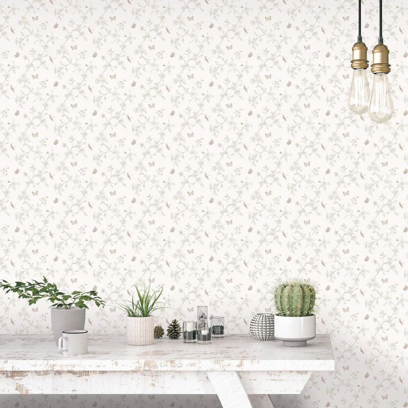 Miniatures 3 Collection Butterfly and Dragonfly Botanical Trail Wallpaper Roll, Taupe/White
