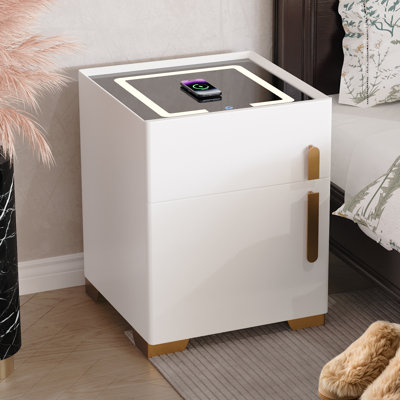 Table de chevet moderne à 1 tiroir avec coffre-fort, recharge sans fil et éclairage à DEL (pré-assemblé)