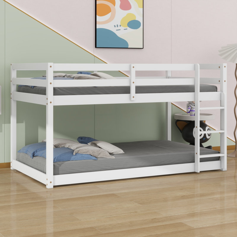 Floor Bunk Bed With Ladder ,Upper And Bottom Bed Platforms Crafted With Strengthened Slats, White